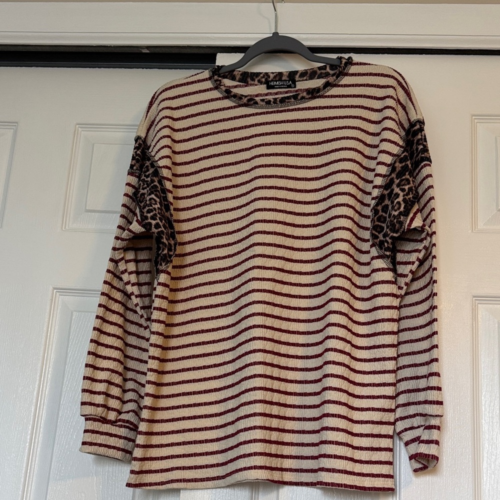 HEIMISH USA Cream and Burgundy Striped Top with Leopard Sleeves